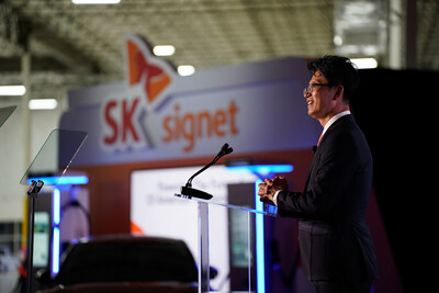 SK Signet CEO Jung Ho Shin addresses the crowd of government and business partners at the grand opening Monday, June 5, of the SK Signet EV charger manufacturing facility in Plano, Texas.