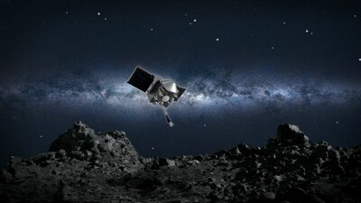 Artist's concept of NASA's OSIRIS-REx spacecraft collecting a sample from the asteroid Bennu. Credits: NASA/Goddard/University of Arizona