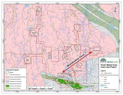Figure 3. Case Lake property with Spodumene bearing LCT pegmatites on a 10 km mineralization trend. (CNW Group/POWER METALS CORP)
