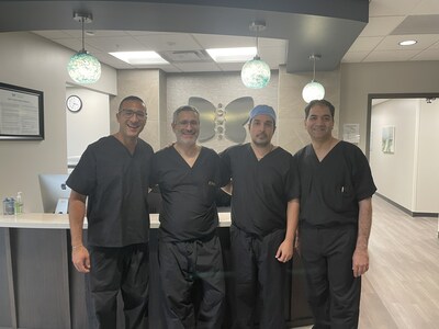 Dr. Abbasi in the new Inspired Spine SurgCenter Lobby with surgeons Dr. Jimenez, Dr. Sadeh, and Dr. Nabizadeh who came in from across the country to observe and take part in a training lab following the observation.