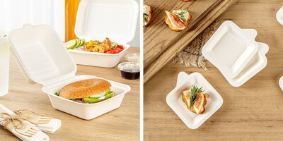 Clamshell containers and plates with no-added PFAS from Restaurantware's Pulp Safe collection. Featuring over 50 styles, the Pulp Safe line is produced from sugarcane fiber without added PFAS and is microwave-friendly, cut-resistant, and suitable for both hot and cold foods.