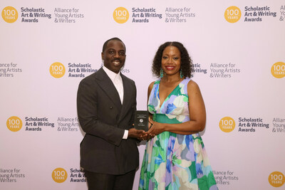 Interdisciplinary artist Derek Fordjour poses with fashion designer and Alumni Achievement Award recipient Tracy Reese and her award backstage at the 2023 Scholastic Art & Writing Awards National Ceremony held at Carnegie Hall, New York, N.Y., Thursday, June 8, 2023. (Photo by Jason DeCrow /AP Images for Alliance for Young Artists & Writers)