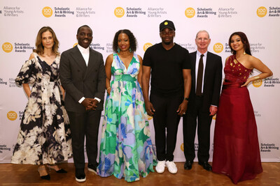 From left, Chair of the Board, Executive Vice President, Chief Strategy Officer and President, Scholastic Entertainment, Iole Lucchese, interdisciplinary artist Derek Fordjour, fashion designer and Alumni Achievement Award recipient Tracy Reese, actor Derek Luke, President and CEO of Scholastic Peter Warwick and poet Kinsale Drake pose backstage at the 2023 Scholastic Art & Writing Awards National Ceremony held at Carnegie Hall, Thursday, June 8, 2023 in New York. (Jason DeCrow/AP Images for Alliance for Young Artists & Writers)