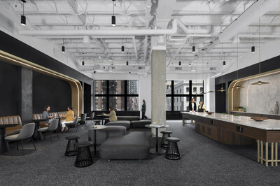 THE MART's 21,000 SF tenant-exclusive conference center and workspace with meeting rooms, lounge areas, flexible programming space, and a private café, designed for quiet focus and productive collaboration. Photo courtesy of Gensler/Gillian Fry and THE MART.