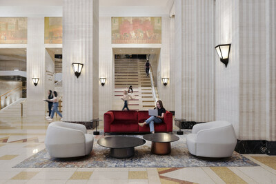 THE MART's revitalized approach to the South Lobby, one of Chicago's most iconic Art Deco interiors, that includes the installation of new lounge seating to create a warm and welcoming environment for the public, with furnishings sourced exclusively from design showrooms at THE MART. Photo courtesy of Gensler/Gillian Fry and THE MART.