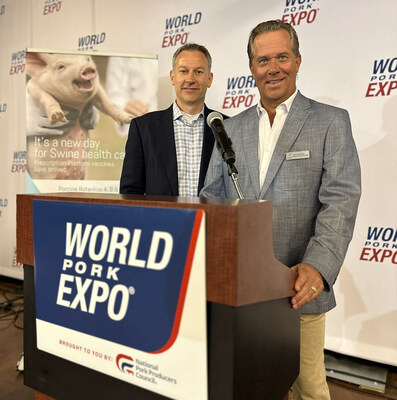 Medgene CEO, Mark Luecke and Medgene National Sales Manager, Andy Smythe announce recent Platform Vaccine licensure at the World Pork Expo, June 8 in Des Moines, Iowa.