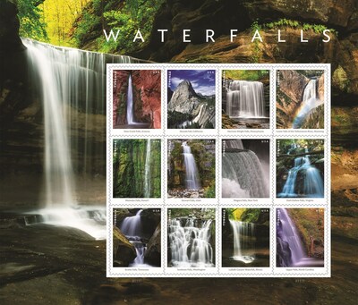 Stamp pane shows 12 photographs of American waterfalls.