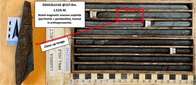 Figure 1: Core Photos (DDH23LU142) showing first evidence of magmatic nickel sulphide mineralization in the Southwest Sector. (CNW Group/Bravo Mining Corp.)