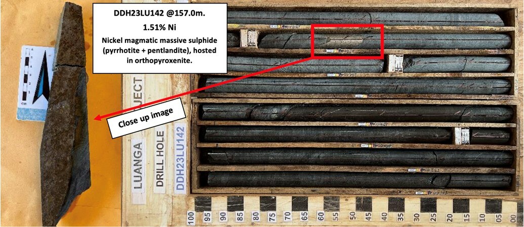 Figure 1: Core Photos (DDH23LU142) showing first evidence of magmatic nickel sulphide mineralization in the Southwest Sector. (CNW Group/Bravo Mining Corp.) Figure 1: Core Photos (DDH23LU142) showing first evidence of magmatic nickel sulphide mineralization in the Southwest Sector. (CNW Group/Bravo Mining Corp.)