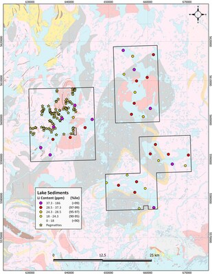 Figure 2 - Map of Musquaro Project with Lake Sediment Samples Anomalous for Lithium (CNW Group/Targa Exploration Corp.)