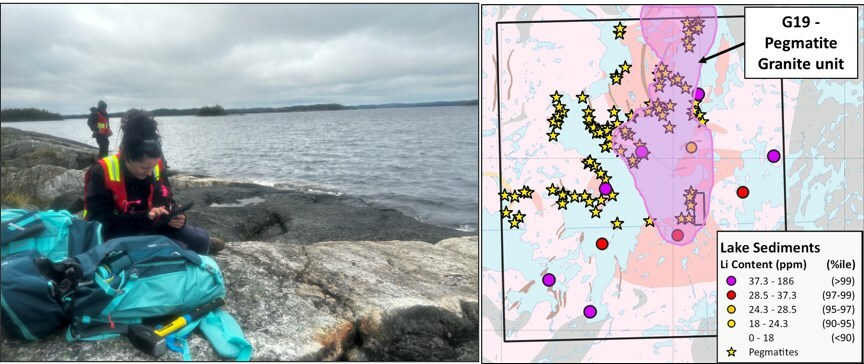 Figure 1 - GroundTruth team investigating exposed pegmatite (left). Map of western Musquaro claim block with historically mapped pegmatites and lake sediment samples anomalous for lithium (right). (CNW Group/Targa Exploration Corp.) Figure 1 - GroundTruth team investigating exposed pegmatite (left). Map of western Musquaro claim block with historically mapped pegmatites and lake sediment samples anomalous for lithium (right). (CNW Group/Targa Exploration Corp.)