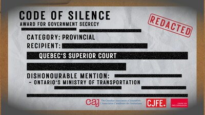 The Code of Silence Awards are presented annually by the Canadian Association of Journalists, the Centre for Free Expression at Toronto Metropolitan University (CFE), and the Canadian Journalists for Free Expression (CJFE). The awards intend to call public attention to government or publicly-funded agencies that work hard to hide information to which the public has a right to under access to information legislation. (CNW Group/Canadian Association of Journalists)