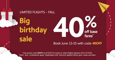 Southwest Airlines Celebrates Birthday with <percent>40%</percent> Off Base Fares.