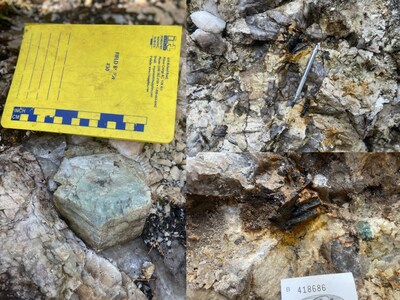 Figure 1 – Beryl (left) and tantalite (right) are present throughout the pegmatite swarm identified at White Willow, confirming the presence of an LCT-system. The presence of these minerals, combined with the historical data compilation, shows that the pegmatite swarm is from within the outer zone of a fertile LCT-system which is where spodumene, if present, will be identified. (CNW Group/Usha Resources Ltd.)