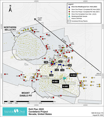 Figure 1.Location of metallurgical samples and drill holes in the area of Mount Diablo and Northern Belle pits (see Corporate Presentation at www.silverone.com for assays of select down-hole intercepts).