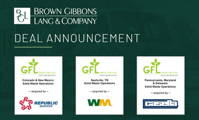 Brown Gibbons Lang & Company (BGL) is pleased to announce the divestiture of three distinct solid waste operations of GFL Environmental Inc. (NYSE: GFL) (TSX: GFL), the fourth-largest diversified environmental services company in North America, for an aggregate enterprise value of approximately C$1.6 billion.