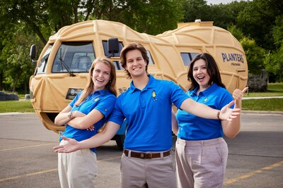 'Tree Nut' Tania Castro, right, 'Cashew' Katie Chesebro, left, and Mason “Macadamia” Mulrooney comprise the brand’s 10th class of Peanutters and the third crew to captain the NUTmobile since Hormel Foods Corporation (NYSE: HRL) acquired the Planters® brand in June 2021.