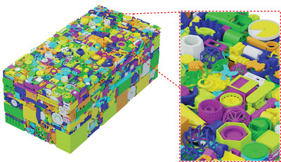 Left: They densely pack the benchmark into a cuboid with a packing density of 35.77%. The packing is free of interlocking. Right: An in-focused view highlighting densely packed objects. “Dense, Interlocking-free and Scalable Spectral Packing of Generic 3D Objects” © 2023 Cui, Rong, Chen, Matusik