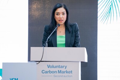 Riham ElGizy, CEO RVCMC addresses partners and buyers at world's largest carbon credit auction event in Nairobi, Kenya