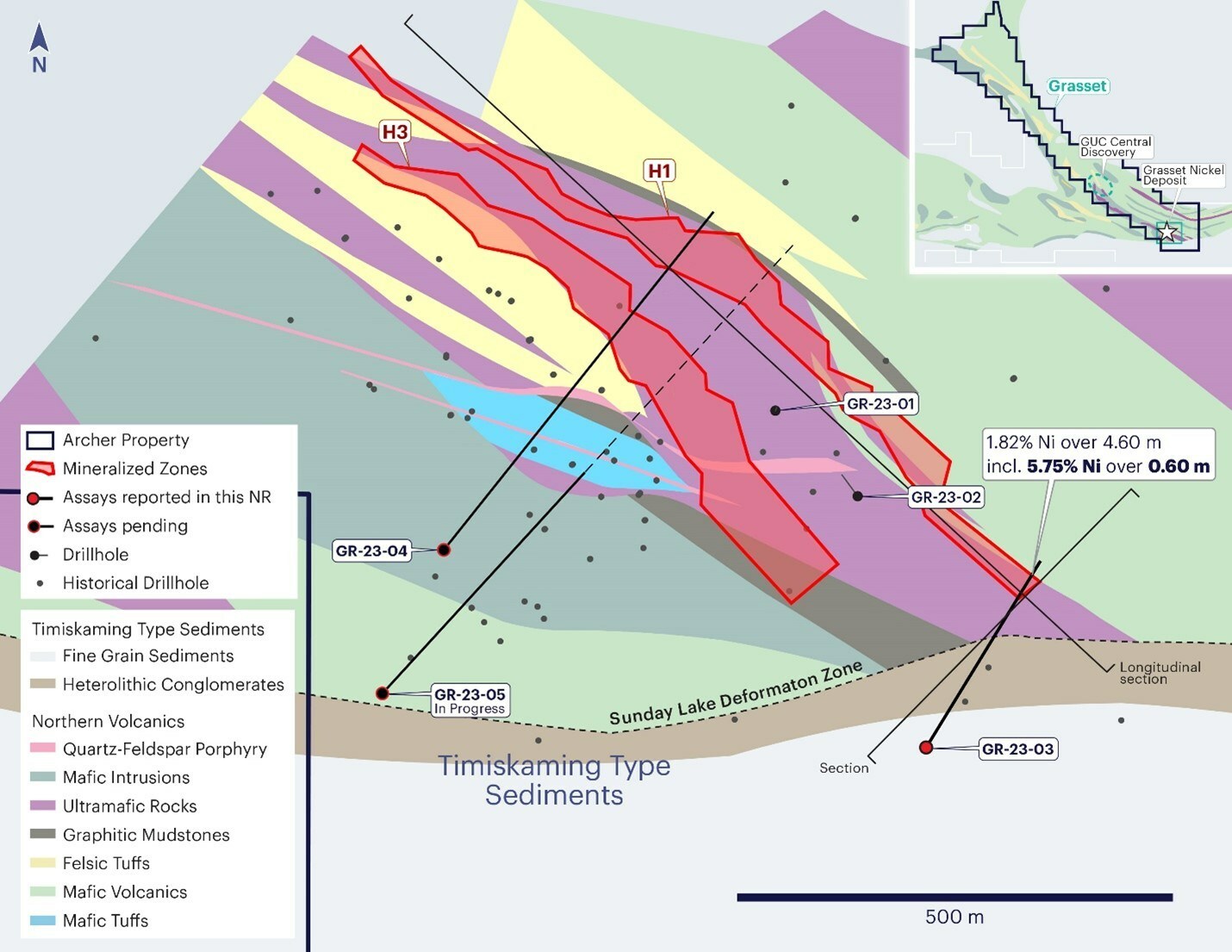 Figure 1: Plan View of Grasset Drilling Targets and Section Locations (CNW Group/Archer Exploration Corp.) Figure 1: Plan View of Grasset Drilling Targets and Section Locations (CNW Group/Archer Exploration Corp.)