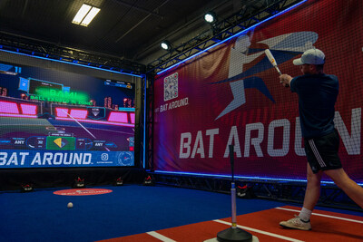 Bat Aroundtm, the new app and software that is gamifying hitting a baseball for teams, players and novices,  is available to fans and enthusiasts attending the College World Series. As part of the Omaha Baseball Village June 15-26, visitors and fans can test their skills and experience the gamification of swinging a bat. Part baseball and part video game, it's inspired by some of the greatest hitters in MLB history including David Eckstein, Fred McGriff, Matt Holliday, Luiz Gonzalez and more. (PRNewsfoto/Batting Challenge Holdings, Inc.)