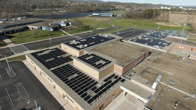 Aerial view of CCSD High School’s solar installations, monitored by Aderis Energy.