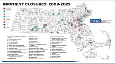A map showing essential service closures across the state from 2009 – 2022.