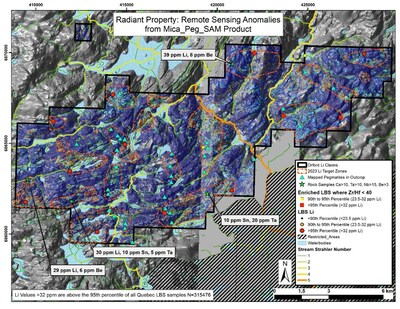 Figure 2: Example of High Priority Targets on Orford’s Radiant Property, targets shown on “Mica_Peg_SAM” remote sensing product.  Note that grab samples are selective by nature and values reported may not be representative of mineralized zones. The MRN Data contained in this release were obtained from Quebec Ministry of Energy and Natural Resources (“MRN”) and has not been independently verified by a Qualified Person as defined by NI 43- 101 (CNW Group/Orford Mining Corporation)
