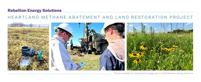 Rebellion Energy Solutions' Heartland Methane Abatement and Land Restoration Project: unplugged methane-emitting orphan well, left; well-plugging operation, center; mature restoration of tallgrass prairie habitat at another Rebellion Energy site, right.