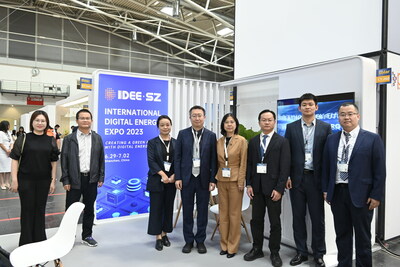 The photo taken on June 14, 2023 shows the delegation from Shenzhen City promoting the upcoming International Digital Energy Expo 2023 at the Intersolar Europe held in Munich, Germany.