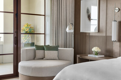 The residential-style suites offer guests a serene sanctuary, achieved with its neutral color palette in hues of taupe, grey, soft blush and mossy green.