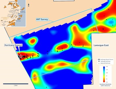 Figure 2 – Hurricane deposit, Larocque East highlighting the outline of the Ambient Noise Tomography Survey Area against the backdrop of resistivity 100 metres above the unconformity. (CNW Group/IsoEnergy Ltd.)