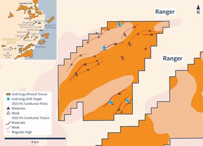 Figure 5 – Ranger proposed drill hole locations and the conductor traces as defined from the 2022 EM survey (CNW Group/IsoEnergy Ltd.)