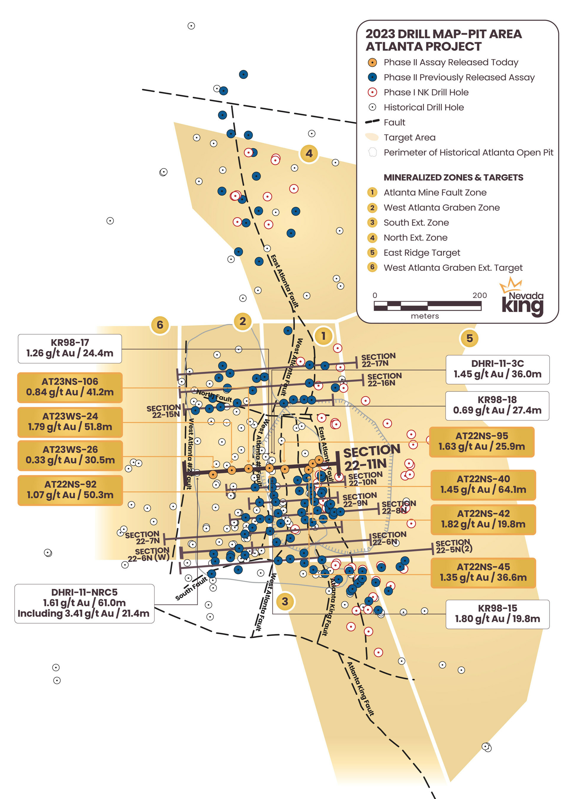 Figure 1.  Location map for the hole reported in this news release along drill Section22-11N relative to the perimeter of the historical Atlanta Pit. Shallow drillholes on the mine dumps have been removed from the plot for clarity. (CNW Group/Nevada King Gold Corp.)