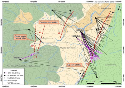 Figure 2: Wharekirauponga Plan View of Geology, Drill Traces and Distribution of 3 Main Veins (CNW Group/OceanaGold Corporation)
