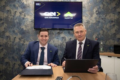 Supernal Chief Commercial Officer, Adam Slepian, and GKN Aerospace President, Civil Airframe, John Pritchard, formally mark manufacturing partnership in signing ceremony at the Paris Air Show.
