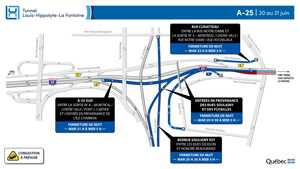 Réfection majeure du tunnel Louis-Hippolyte-La Fontaine : Fermeture complète de l'autoroute 25 en direction de la Rive-Sud dans la nuit du 20 au 21 juin