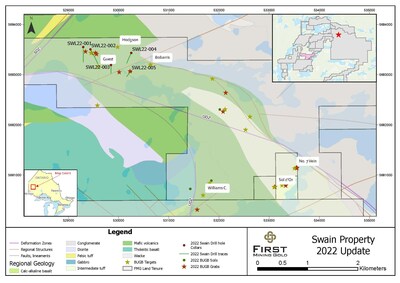 Figure 1. Plan Map Showing 2022 Drill Locations, Swain Property (CNW Group/First Mining Gold Corp.)