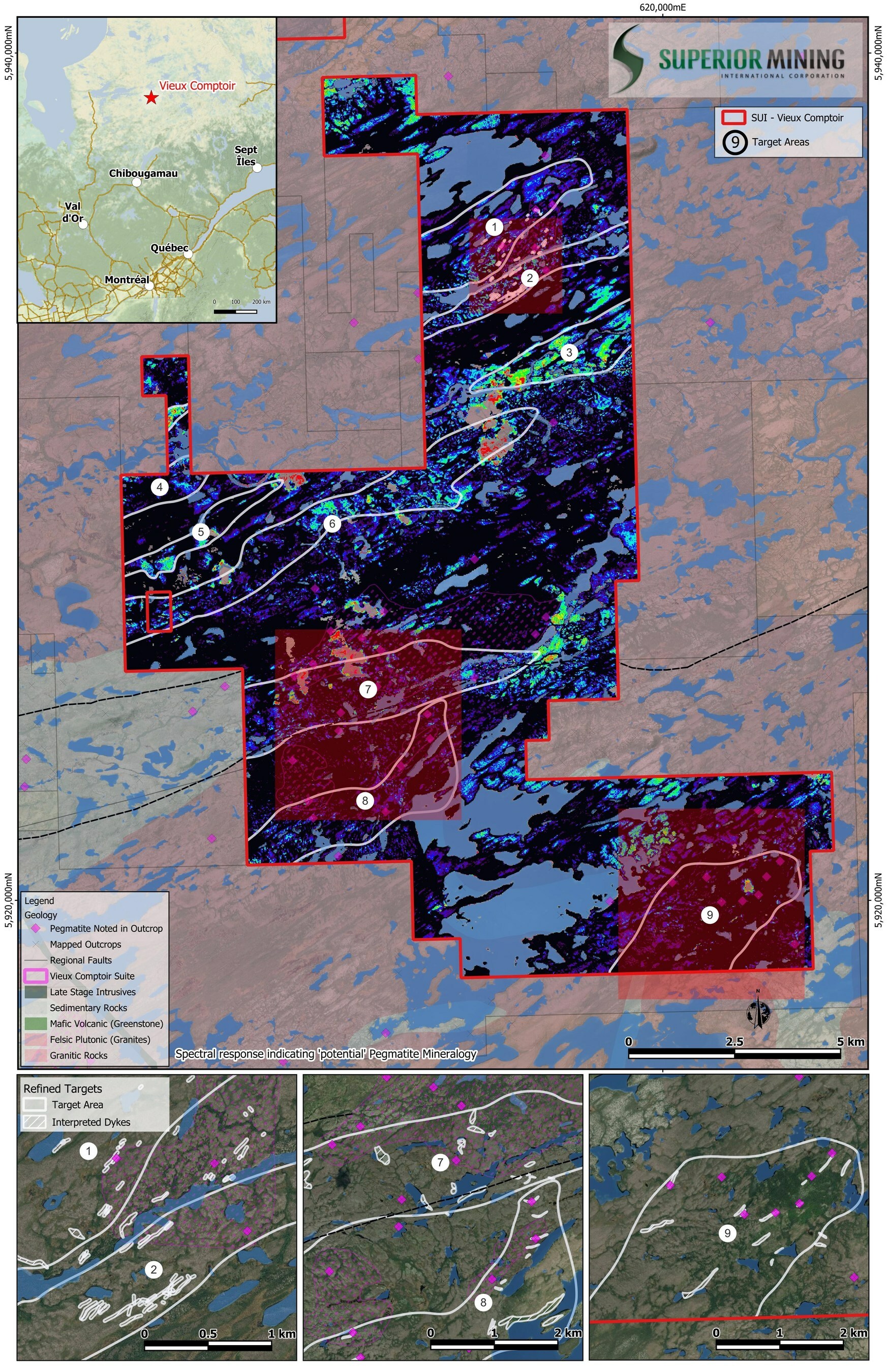 Figure 1: Spectral Response indicating ‘potential’ pegmatite mineralogy over defined target areas and individually identified dyke-like structures at the Vieux Comptoir Property, James Bay, Quebec. (CNW Group/Superior Mining International Corporation) Figure 1: Spectral Response indicating ‘potential’ pegmatite mineralogy over defined target areas and individually identified dyke-like structures at the Vieux Comptoir Property, James Bay, Quebec. (CNW Group/Superior Mining International Corporation)