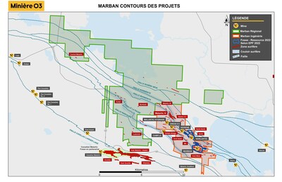 Carte de la propriété Marban (Groupe CNW/O3 Mining Inc.)