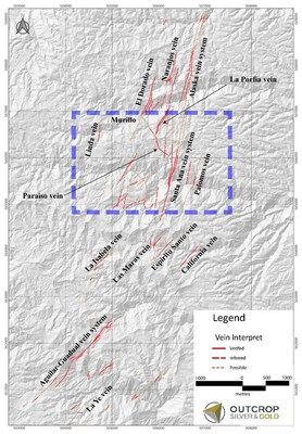 Map 1. Northern Santa Ana veins discovered and mapped to date. (CNW Group/Outcrop Silver & Gold Corporation)