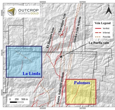 Map 2. Detailed location map of the Palomos and La Linda Targets. (CNW Group/Outcrop Silver & Gold Corporation)