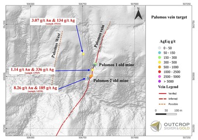 Map 3. Palomos vein target with high-grade samples included in this news release. (CNW Group/Outcrop Silver & Gold Corporation)