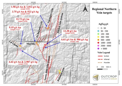 Map 5. Northern Santa Ana project vein map with outstanding sample assays from this release. (CNW Group/Outcrop Silver & Gold Corporation)