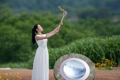 The flame is lit during the Hangzhou 2022 Asian Games Flame Lighting Ceremony at the Archaeological Ruins of Liangzhu City Park in Hangzhou, east China's Zhejiang Province, on June 15, 2023.[Photo/Xinhua] (PRNewsfoto/Xinhua Silk Road)