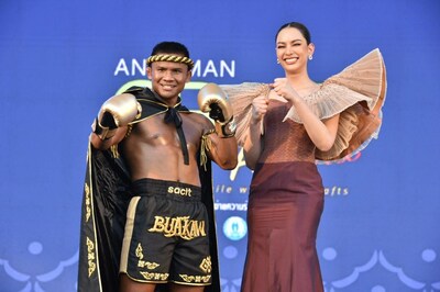 Thai boxing’s soft power icon: Muay Thai champion Buakaw proudly dons embroidered Thai silk boxing shorts, merging style, strength and elegance to captivate the world.