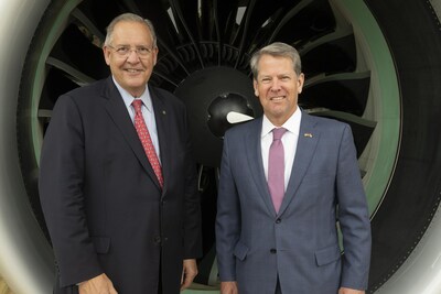 Pratt & Whitney announced a $206 million investment plan to expand the capabilities and footprint of its Columbus, Georgia business, which supports commercial and military engine programs. Pictured (L to R): RTX CEO Greg Hayes and Georgia Gov. Brian Kemp.