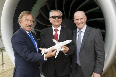 From L to R: Steven F. Udvar-Házy, executive chairman of Air Lease Corporation, Jasmin Bajić, CEO and president of the Management Board of Croatia Airlines and Rick Deurloo, president of Commercial Engines at Pratt & Whitney finalize GTF™ Engine and EngineWise® maintenance agreements.