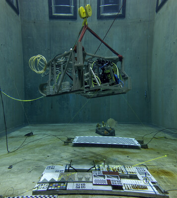 Initial testing of Wide Swatch Subsea Lidar (WiSSL) system at MBARI's research facilities in Moss Landing, California. The two lidar heads produce separate but overlapping scans of the seafloor forming a single swath as the ROV moves along survey tracks. The test structures shown here were used to validate the resolution and accuracy of the system. Lidar technology from 3D at Depth is part of MBARI's Low-Altitude Survey System, which can map and visualize the deep seafloor at centimeter scale. 
Credit: Todd Walsh © 2018 MBARI