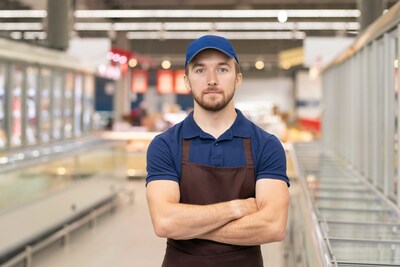 A grocery store worker standing arms folded in a food isle. (CNW Group/Unifor)